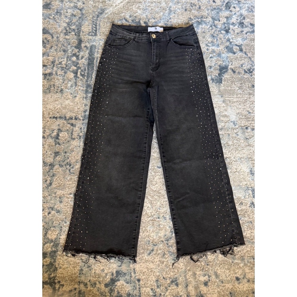 Flying Angel Studded Wide Leg Jeans Black Size 7/28 Rhinestone Raw Hem